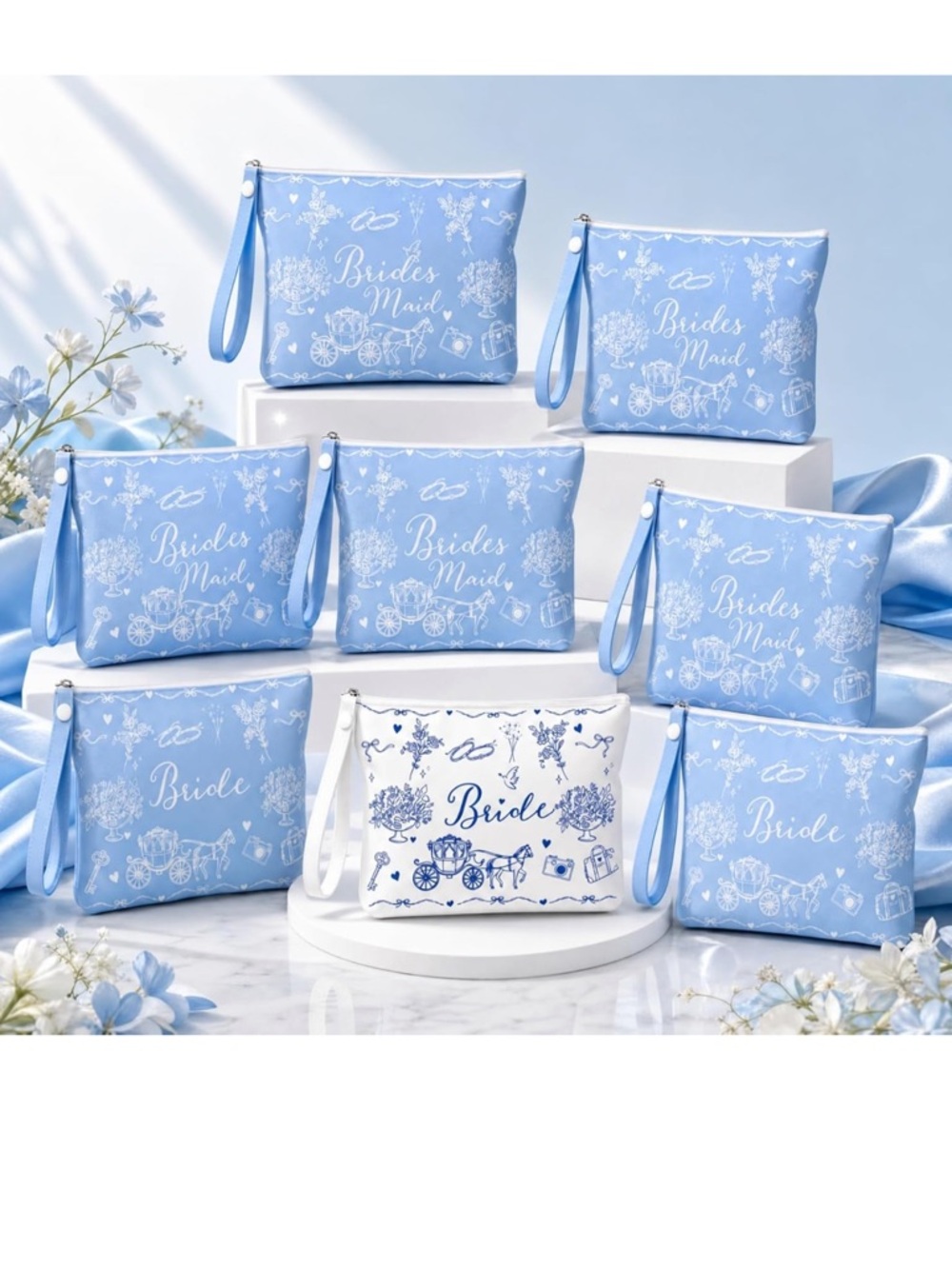 Bridesmaids Cosmetic Pouches- Blue and White with Handle